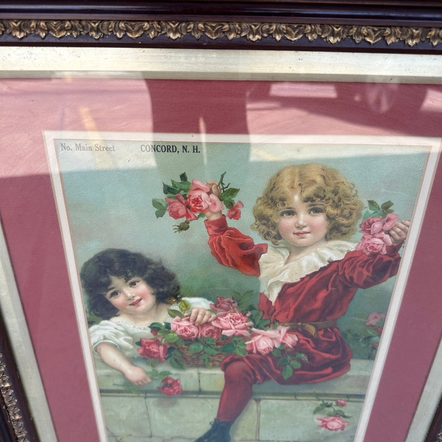 Framed Victorian Lithograph Print Picture "Wall Of Roses"