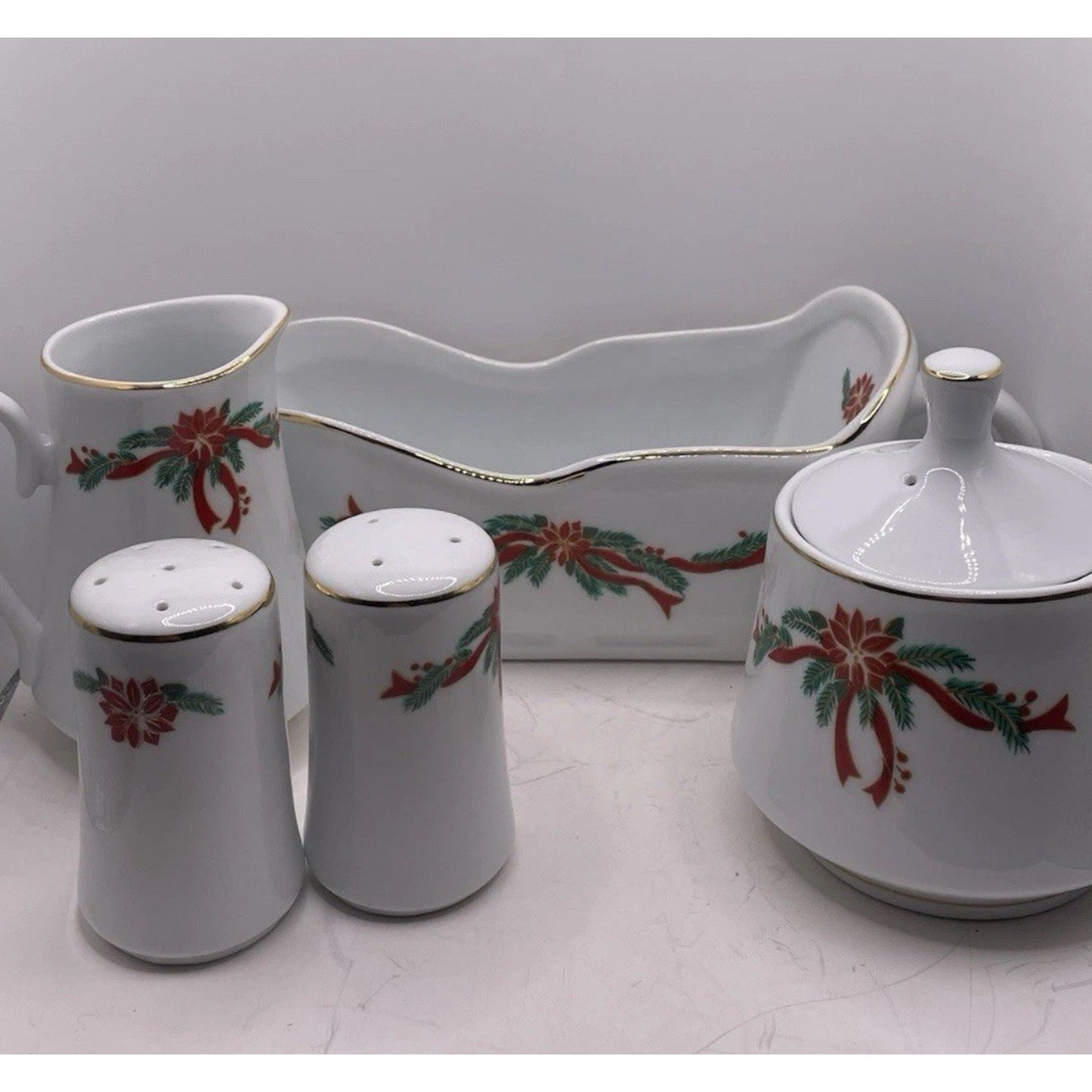 Poinsettia & Ribbons 5pc Accessories Set Gravy Sugar Creamer Salt Pepper Holiday