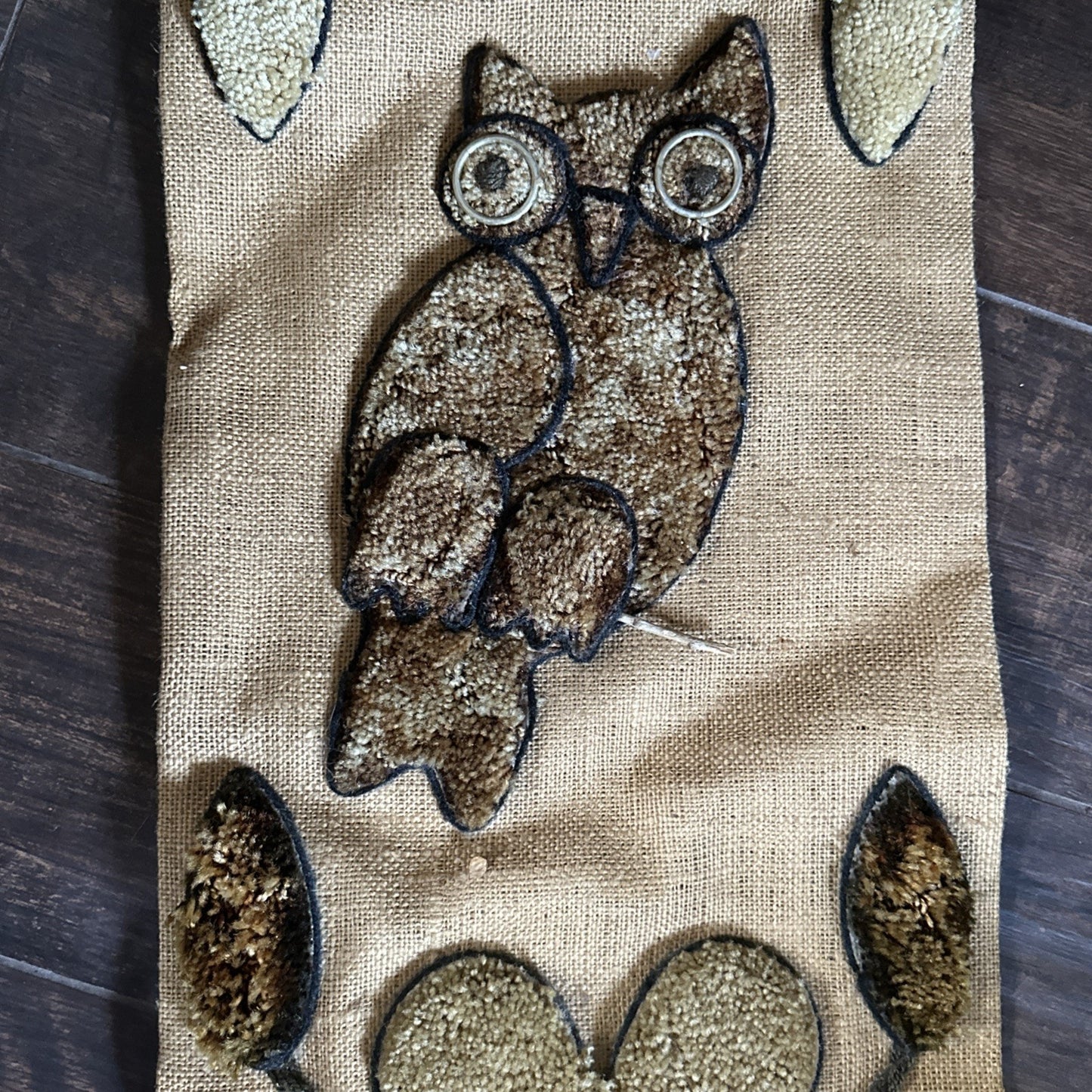 Vintage 1970’s Latch Hook Shag On Burlap With Owl And Flowers Wear With Age