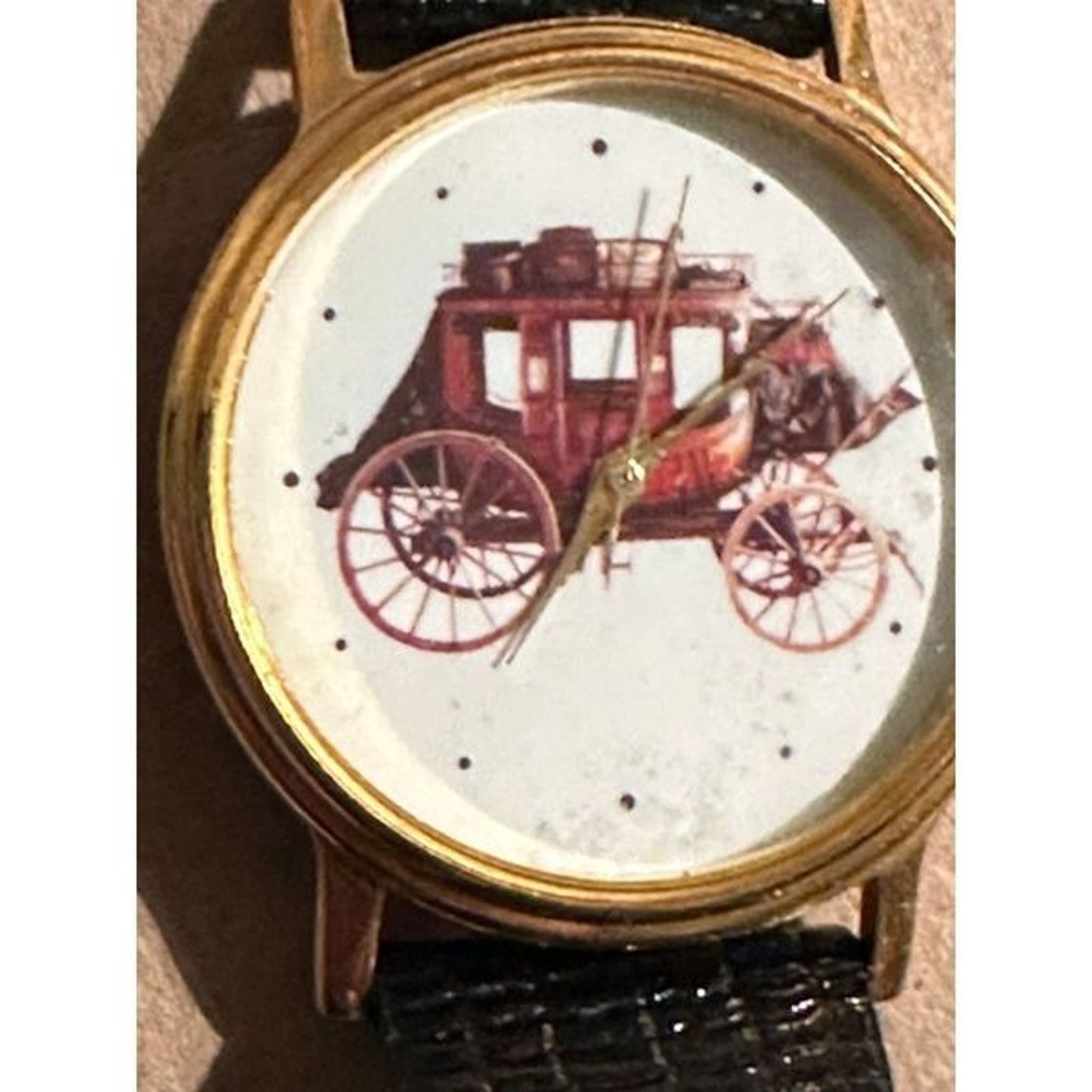 rare Watch Wells Fargo Company" Stagecoach Gold tone w/ Black Leather
