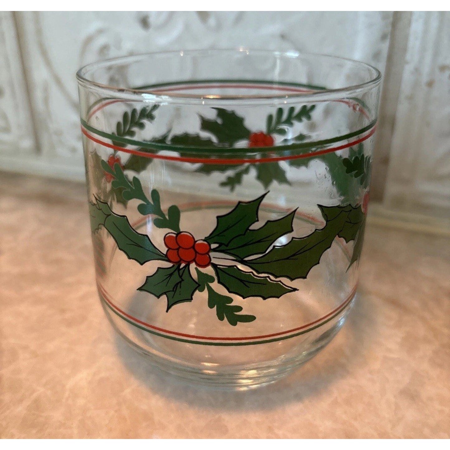 Set 4 Vintage 3.5" Christmas Holiday Holly Berry & Bows Low Ball Juice Glasses