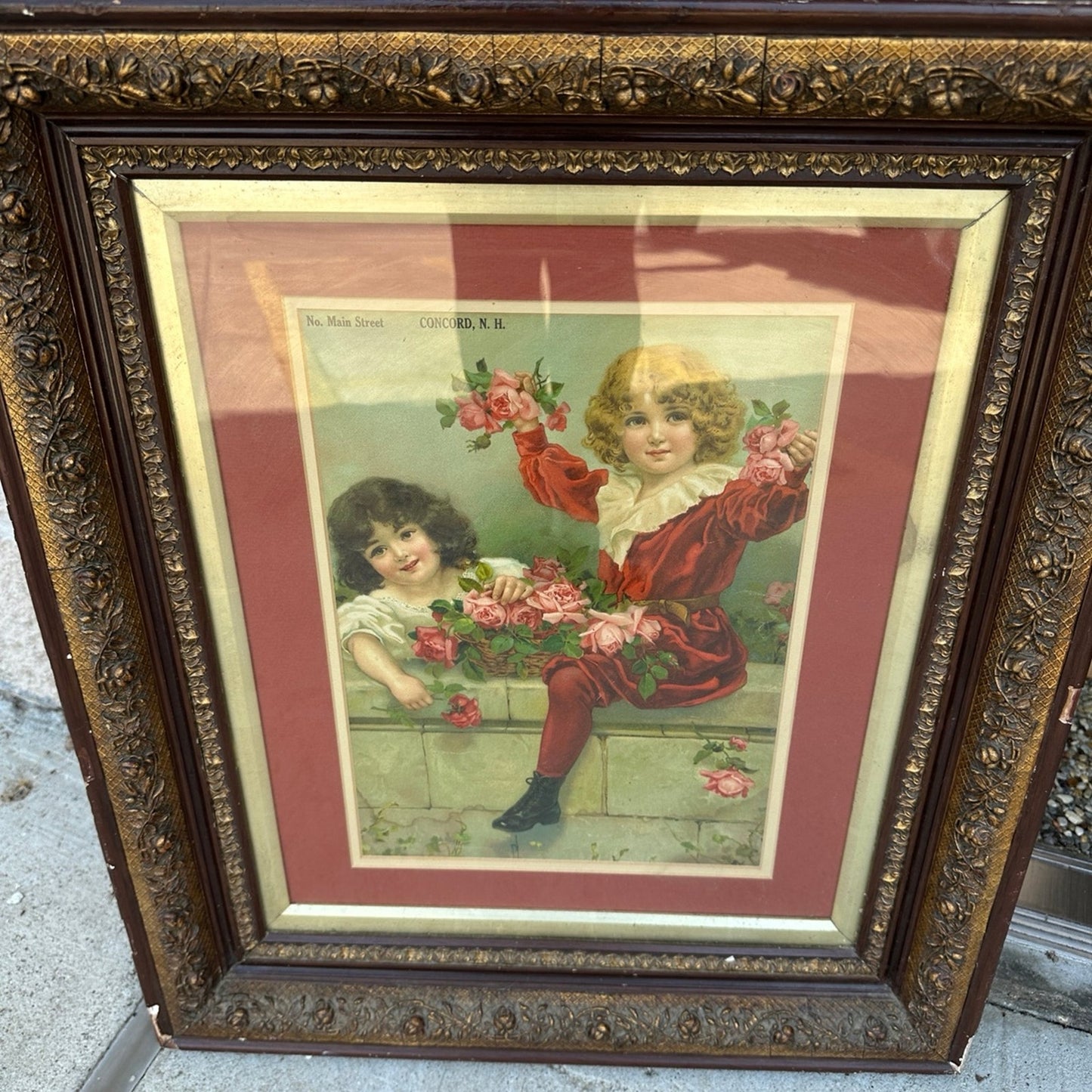 Framed Victorian Lithograph Print Picture "Wall Of Roses"