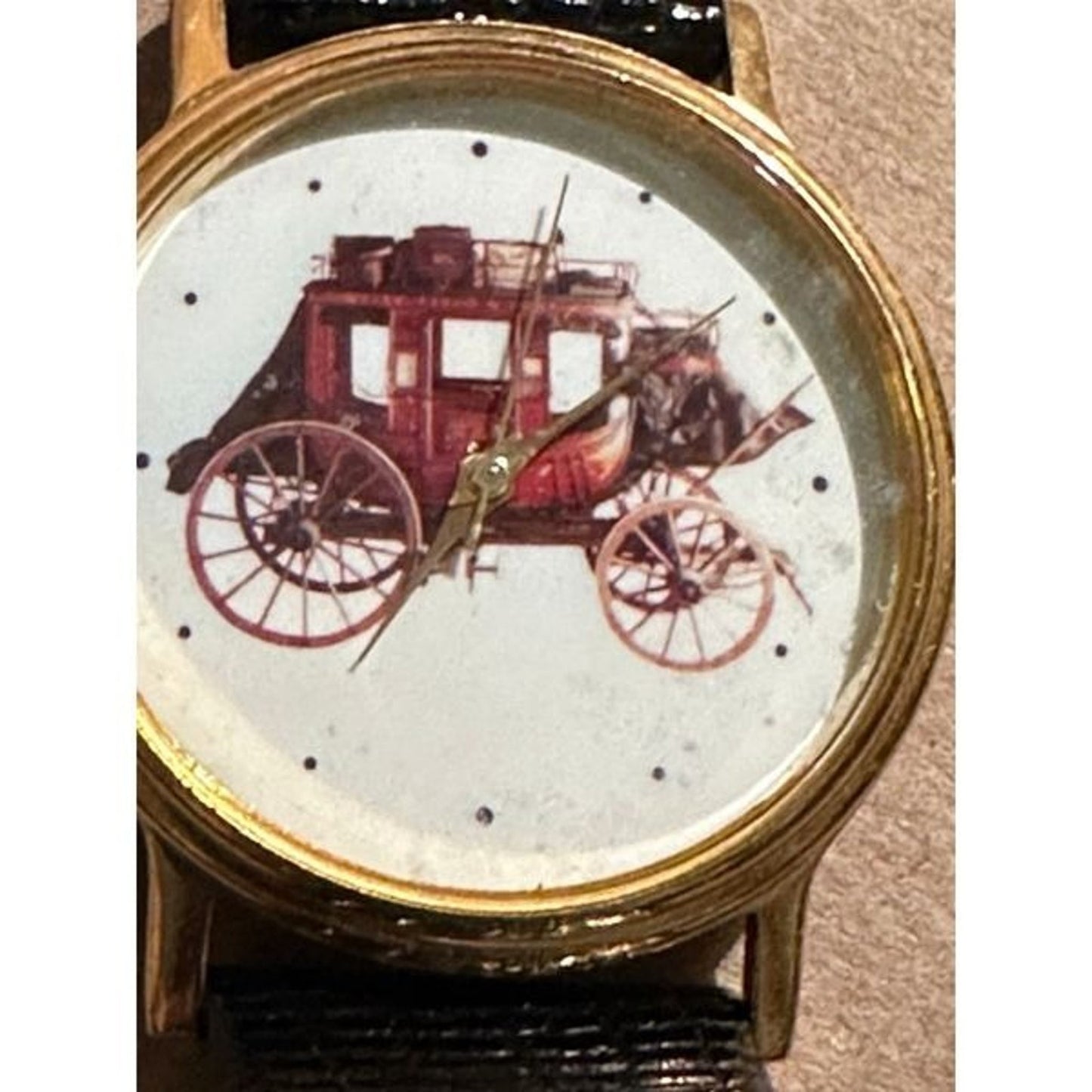 rare Watch Wells Fargo Company" Stagecoach Gold tone w/ Black Leather
