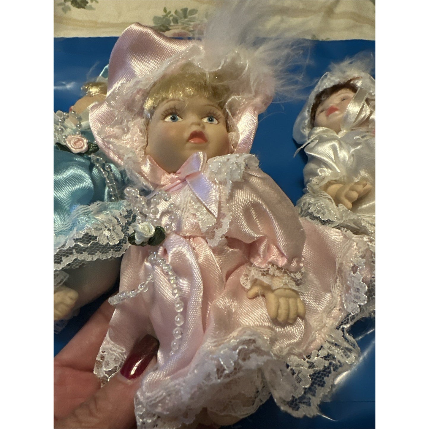 Vintage Lot of 3 Victorian Style Miniature 5" Porcelain Articulated Dolls Dress