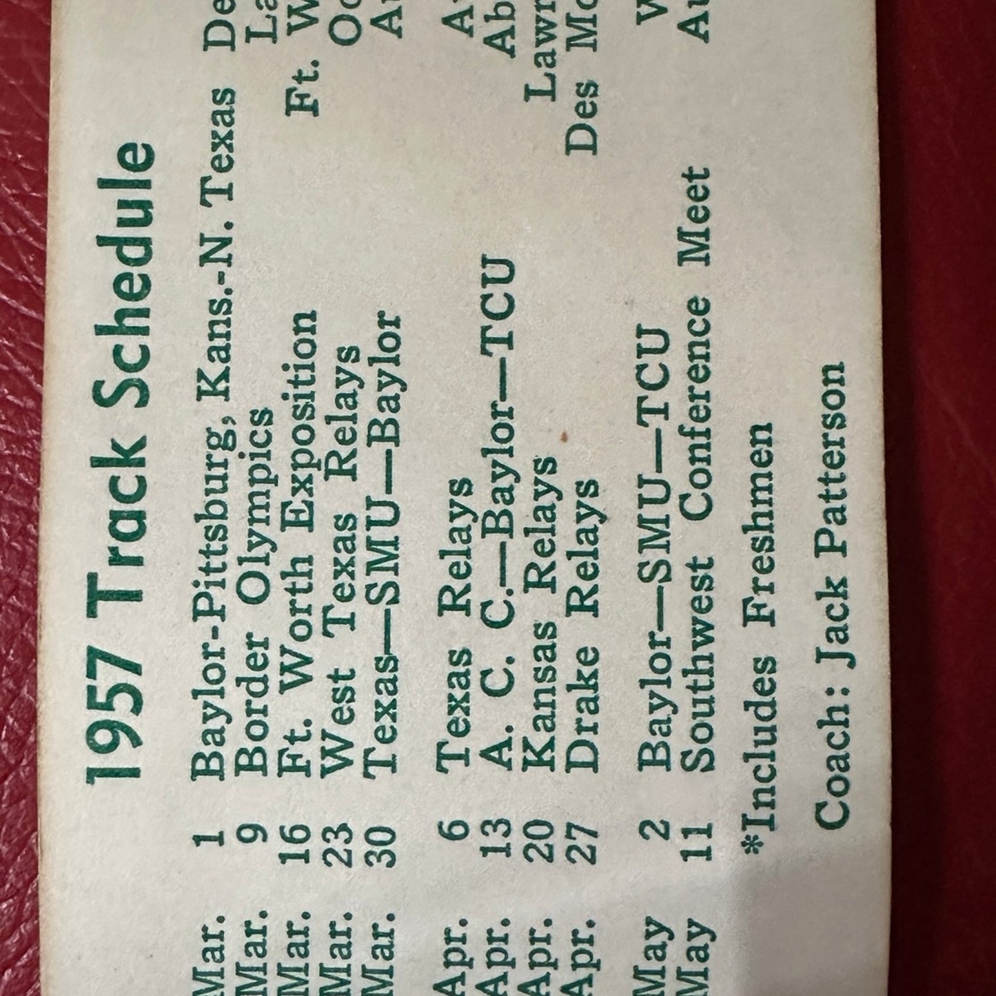 1957 Baylor Baseball & track Schedule card