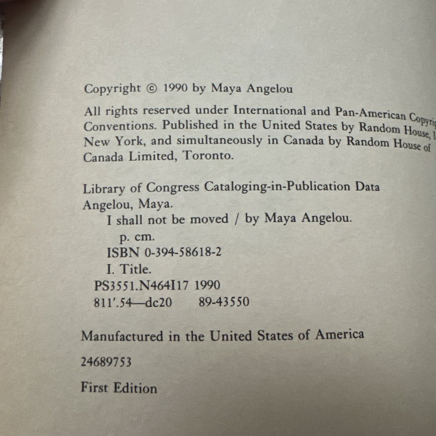 First Edition First Printing I Shall Not Be Moved by Maya Angelou 1990
