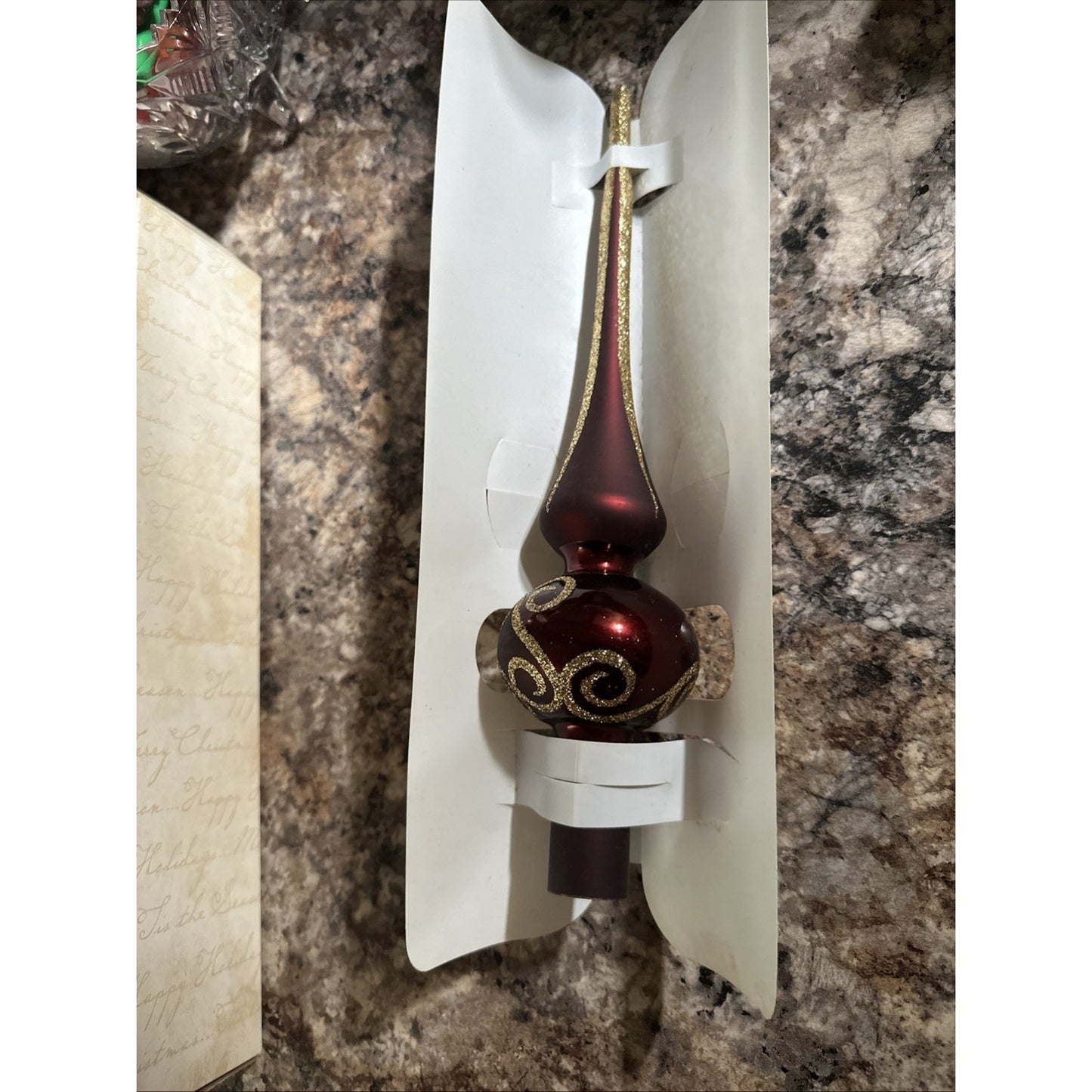 Vintage Glass Blown 12" Christmas Tree Topper maroon Gold Sparkle