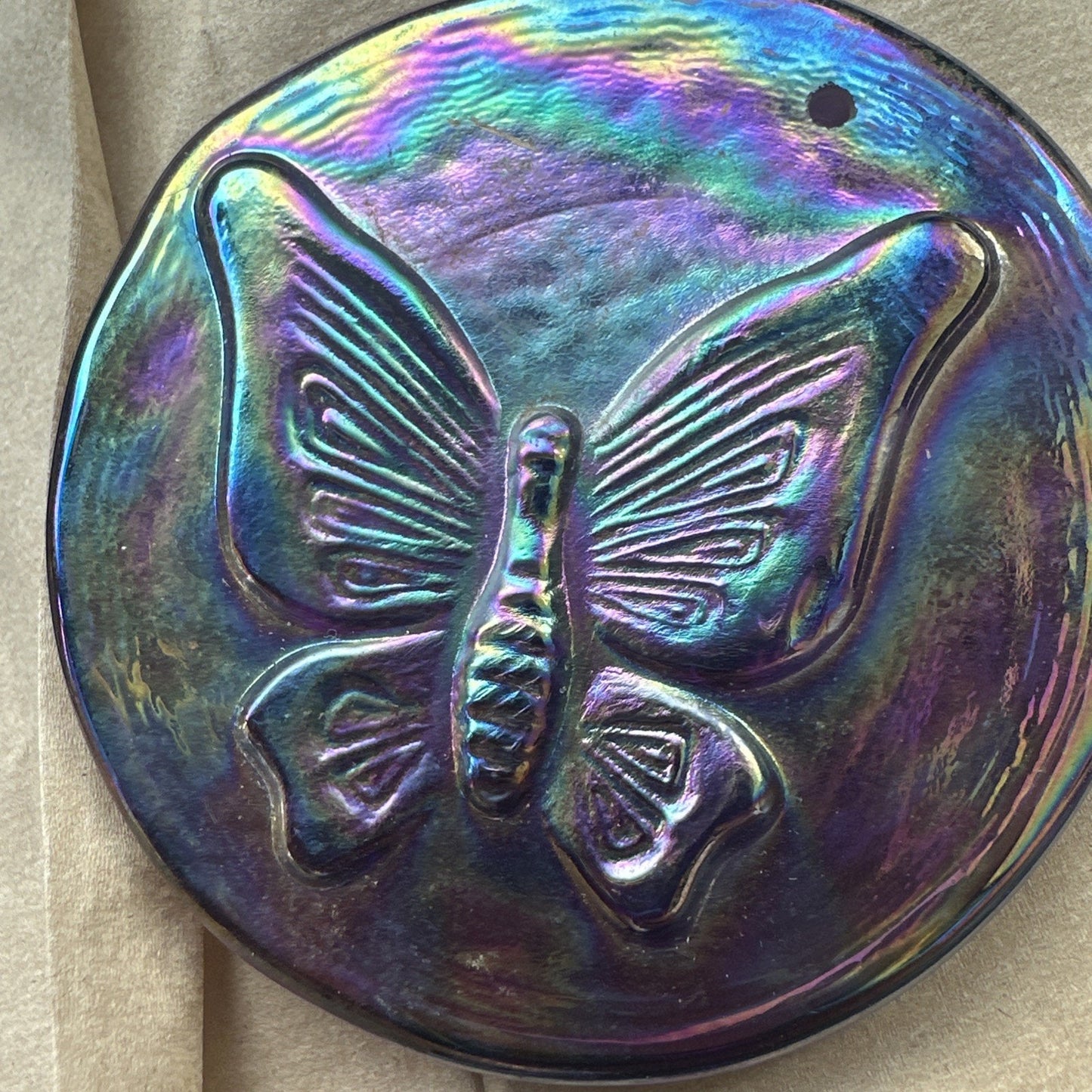 Glass Iridescent Coloring Butterfly Disk Sun Catcher 3.25" Round Double Sided