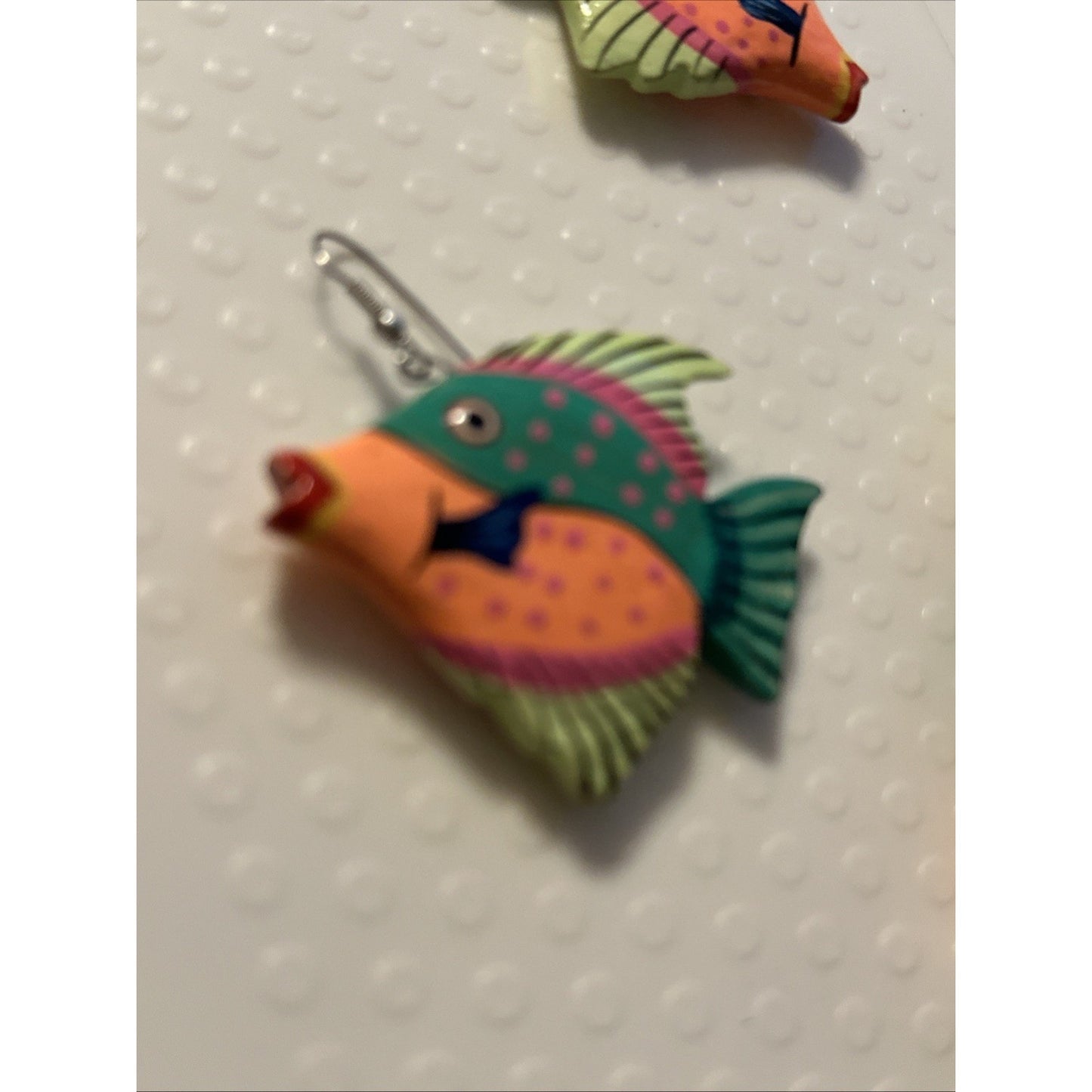 Vintage Hand Painted Wooden Fish Dangle Hook Earrings 2 Inches & Scarf Ring