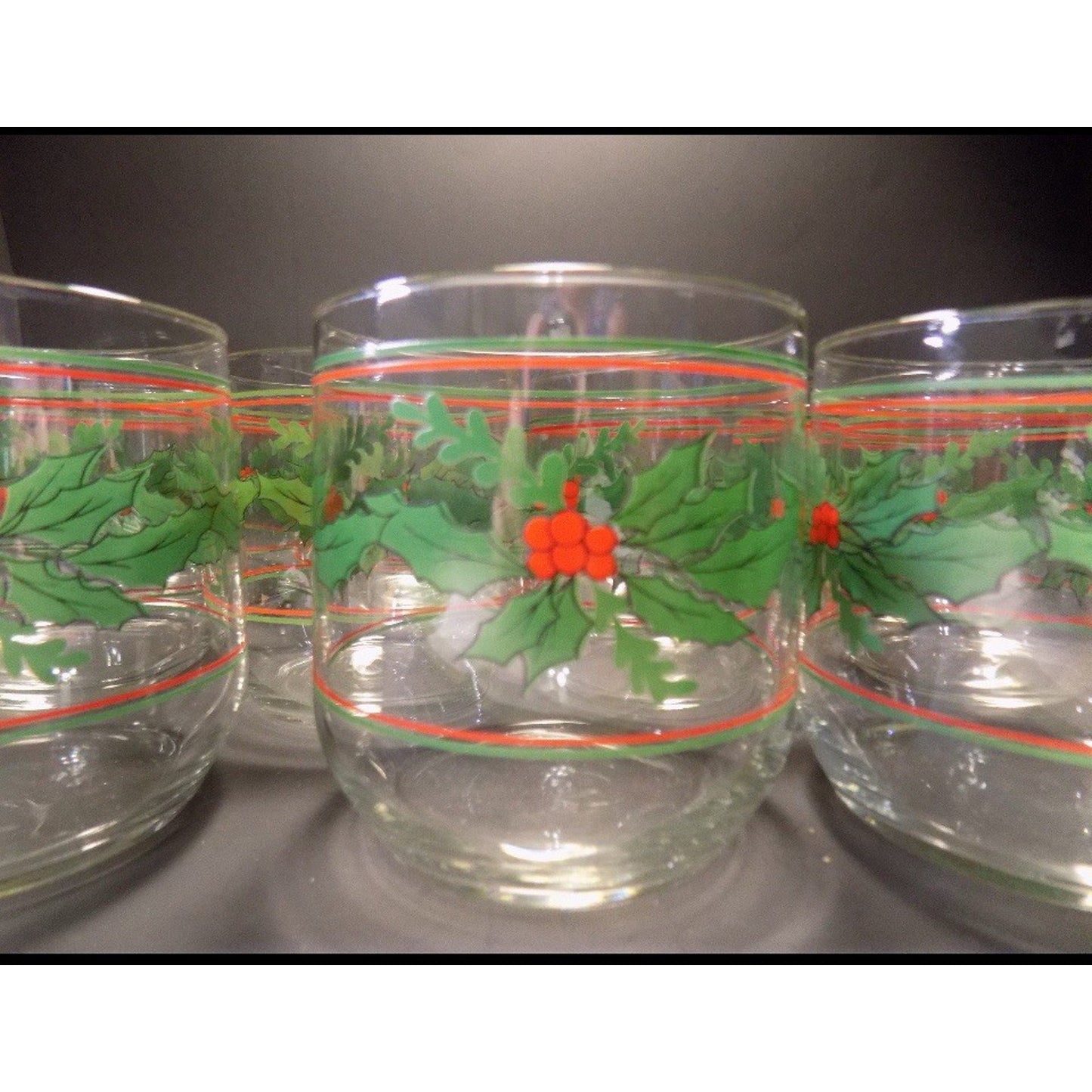 Set 4 Vintage 3.5" Christmas Holiday Holly Berry & Bows Low Ball Juice Glasses
