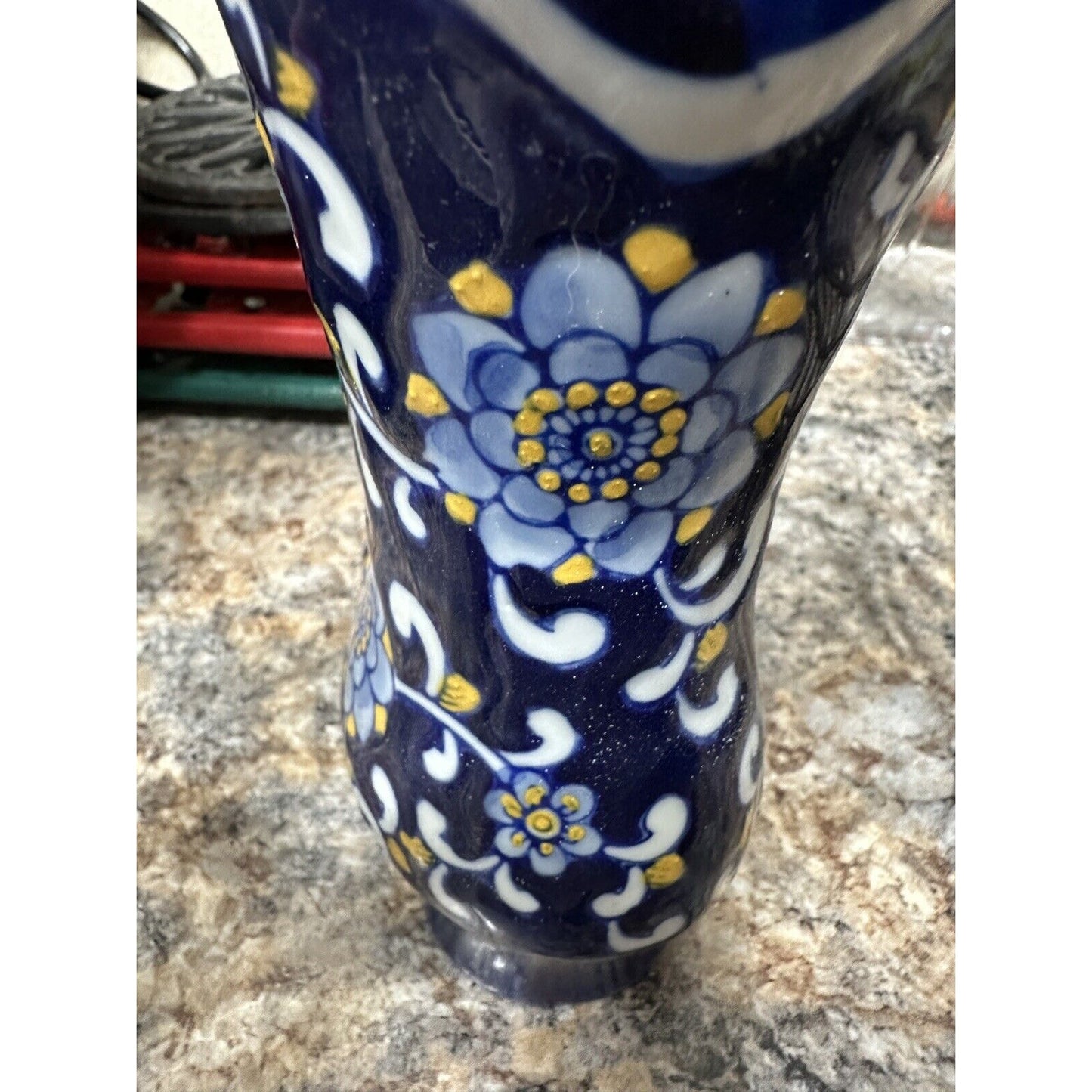 Cowboy Boot Chinoiserie Vase Blue White Yellow Gold Flower Pattern
