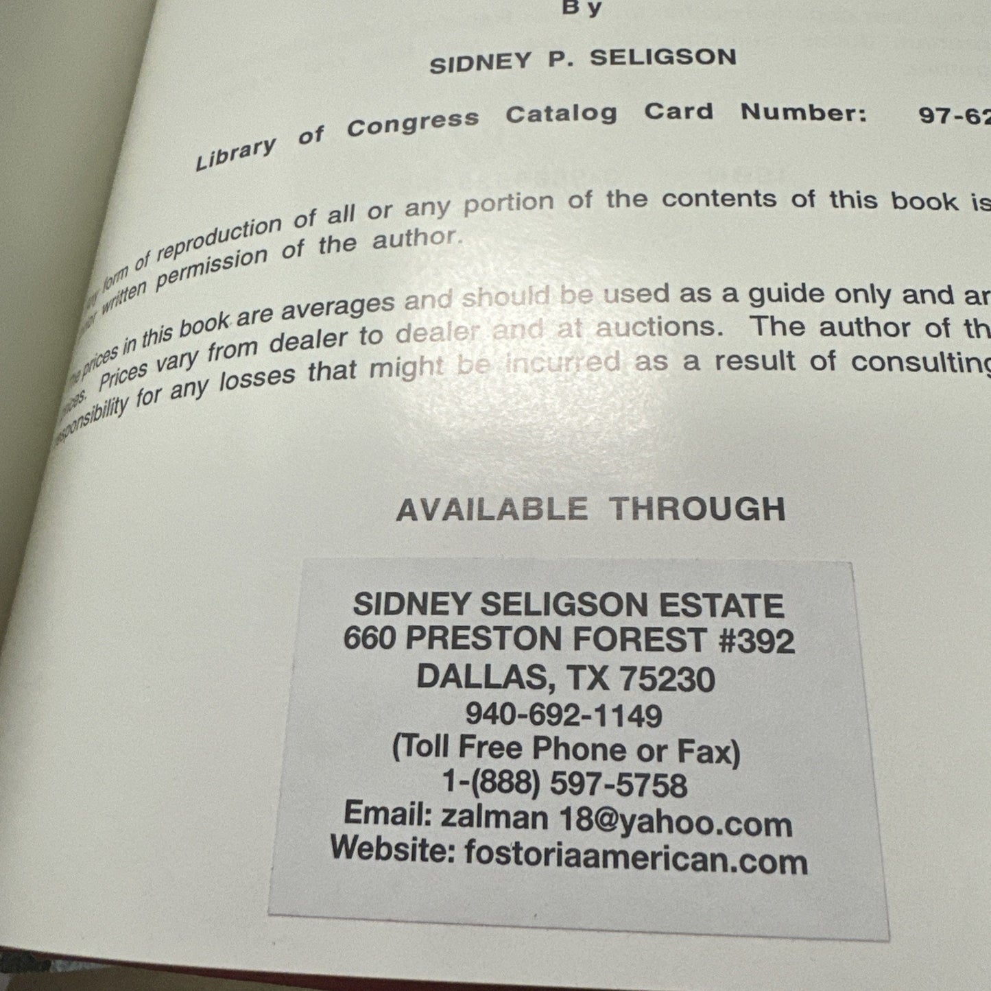 FOSTORIA AMERICAN A COMPLETE GUIDE SECOND EDITION SIDNEY SELIGSON HC SIGNED