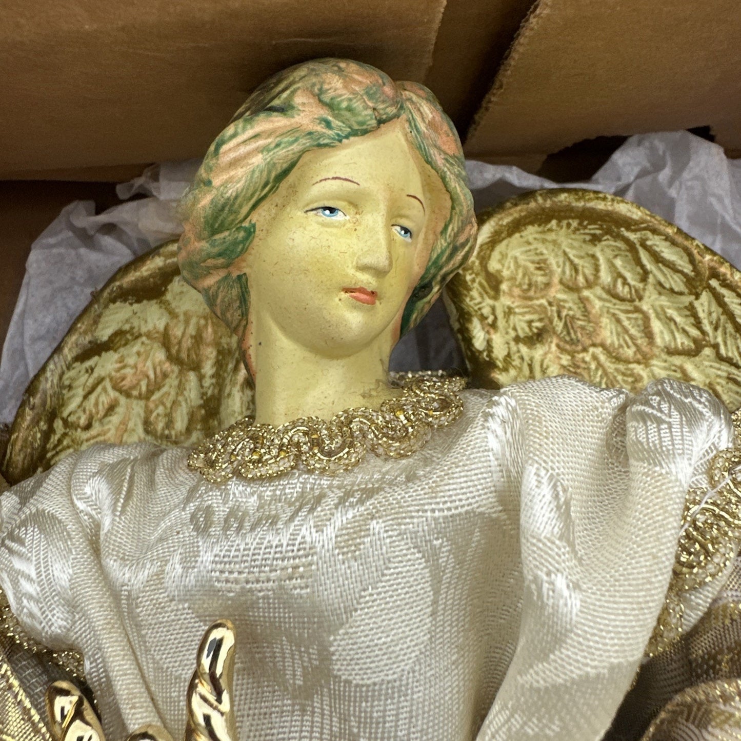 Ivory and Gold Angel Lighted Christmas Tree Topper Holding Harp