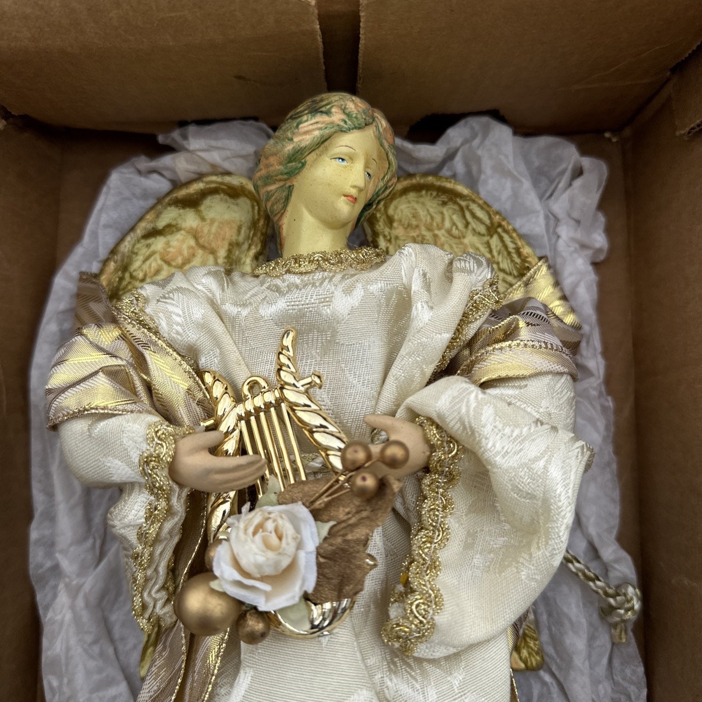 Ivory and Gold Angel Lighted Christmas Tree Topper Holding Harp