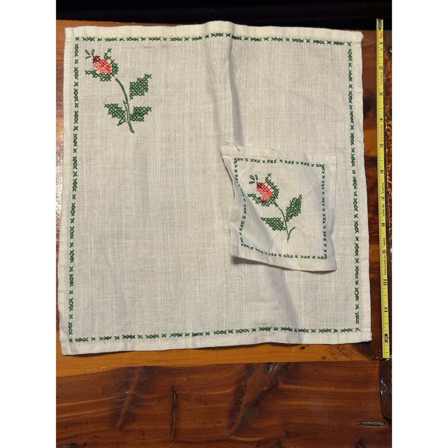Vintage Rose linen set, placemats, napkins, coasters, embroidered linen