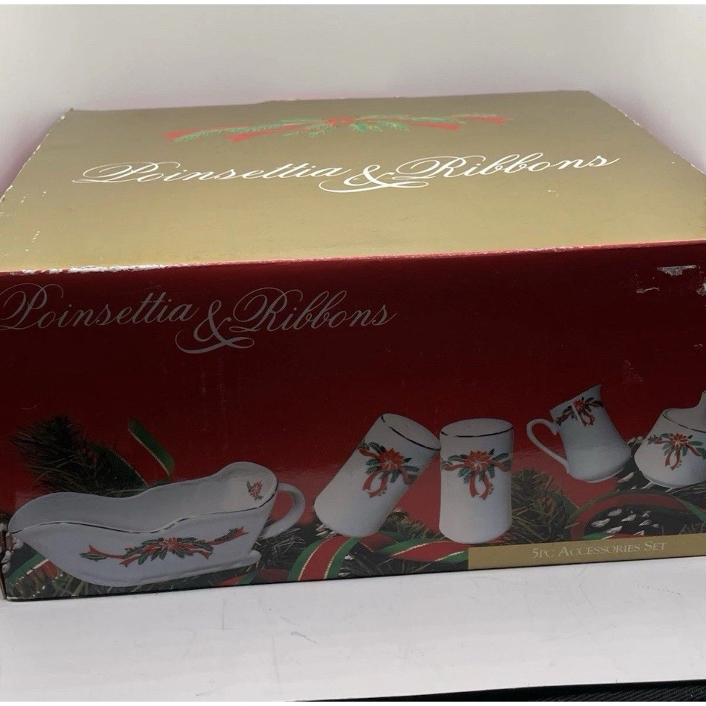 Poinsettia & Ribbons 5pc Accessories Set Gravy Sugar Creamer Salt Pepper Holiday