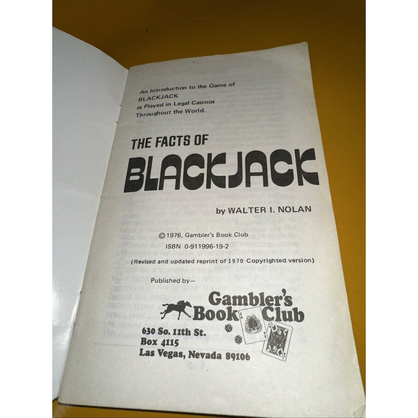 The Facts of Blackjack Walter I. Nolan 1976 Paperback, Gambler's Book Club