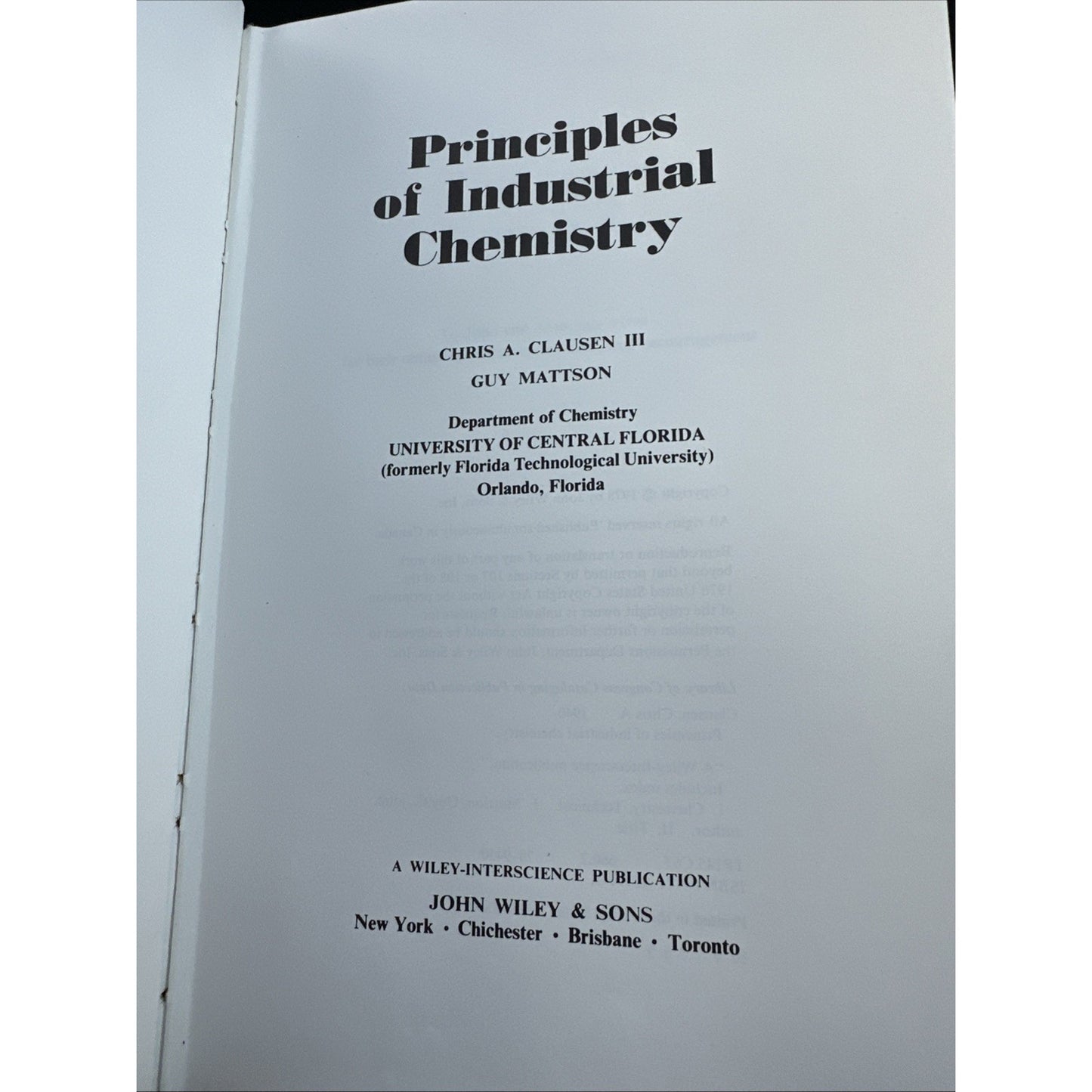 Principles of Industrial Chemistry by Chris A. Clausen, III (1978, Hardcover)