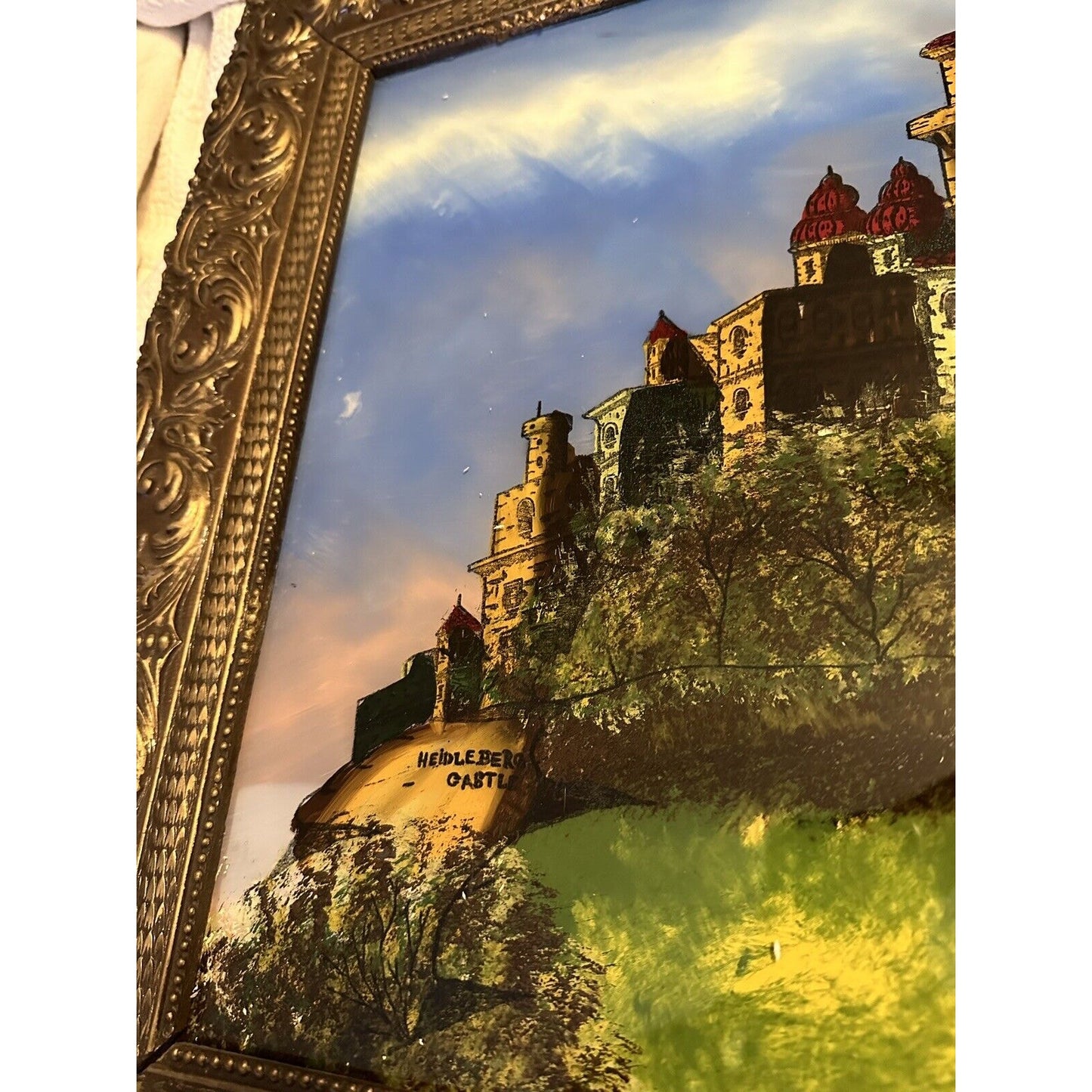Heidelberg Castle ~ Antique Reverse Glass Painting ~ Germany ~