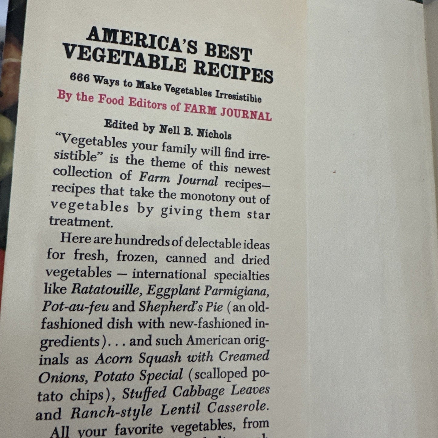 AMERICA'S BEST VEGETABLE RECIPES FARM JOURNAL Cookbook Nell B Nichols 1970 HC/DJ