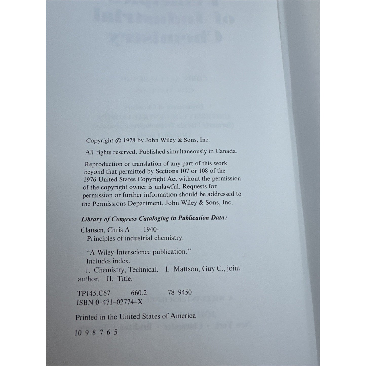 Principles of Industrial Chemistry by Chris A. Clausen, III (1978, Hardcover)