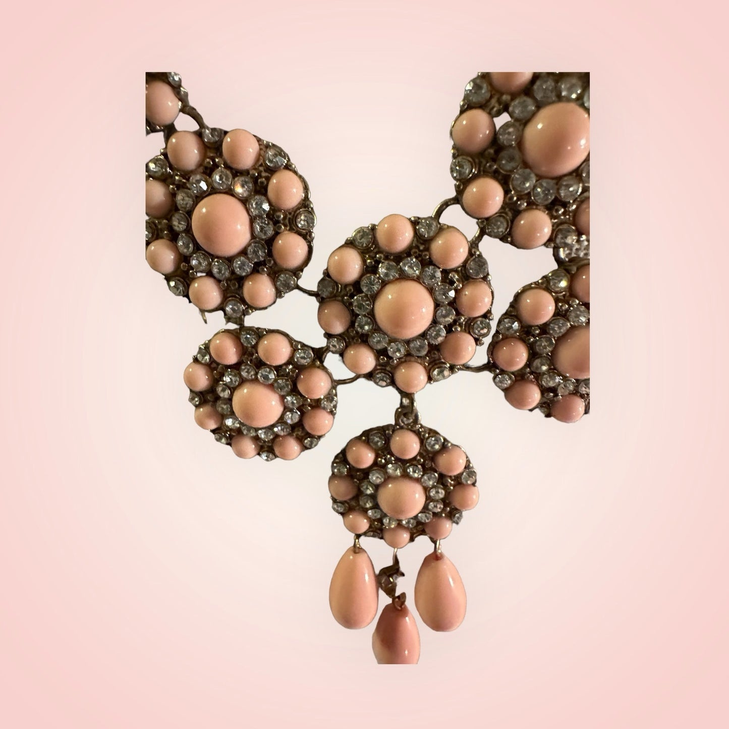 Mid-Century Pink Lucite, Clear Rhinestone and Gold Tone necklace.