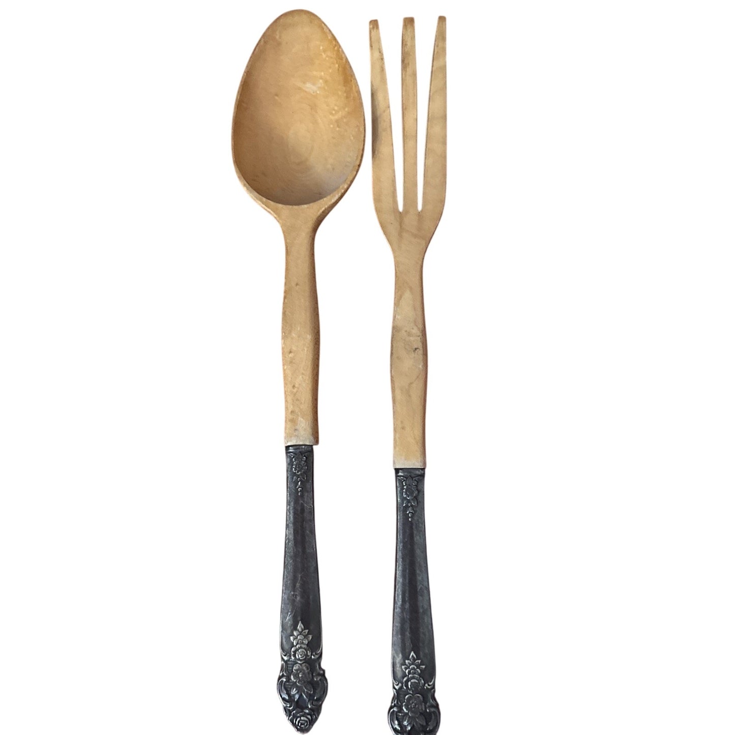 Sterling Silver Teak Wood Handle Salad Serving Set Spoon Fork Tong VTG 1960s