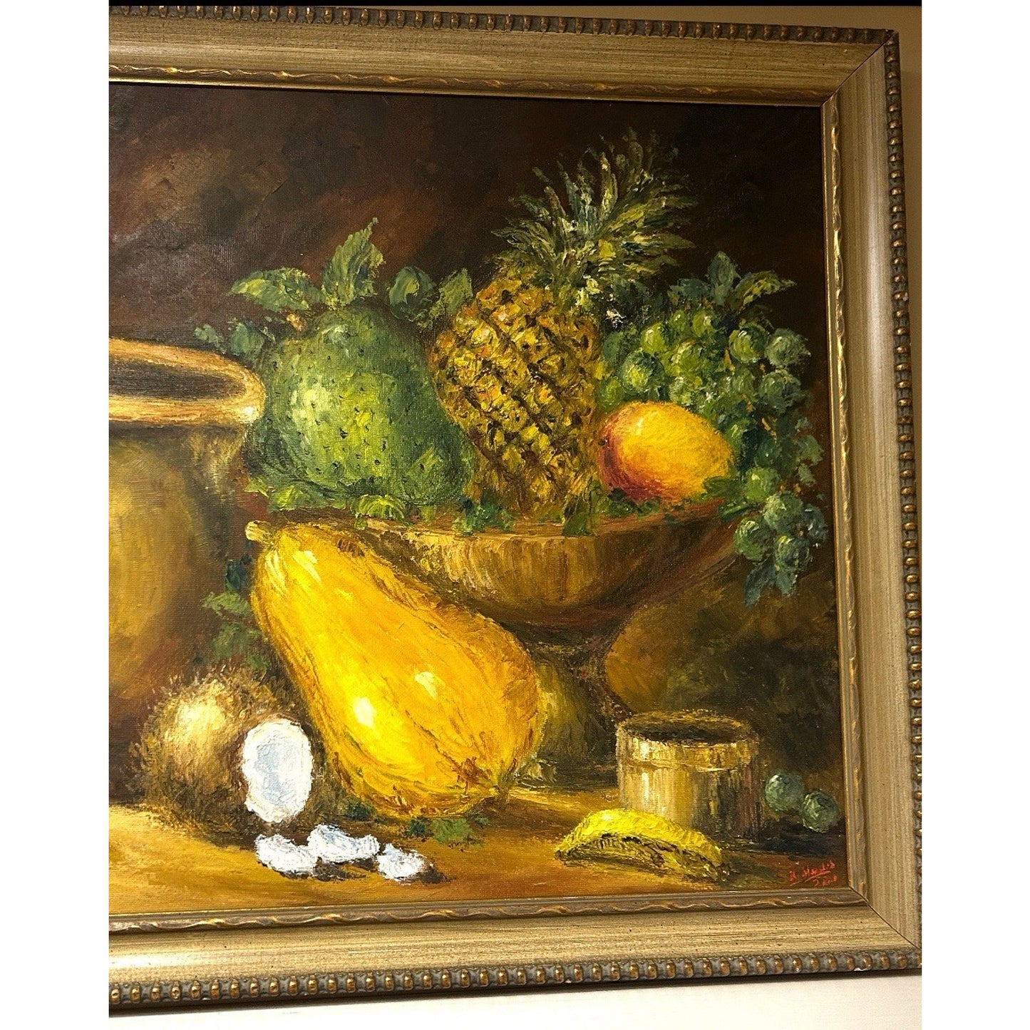 Vintage Fruit Still Life Painting Gold Wooden Frame Signed Rare 28x34