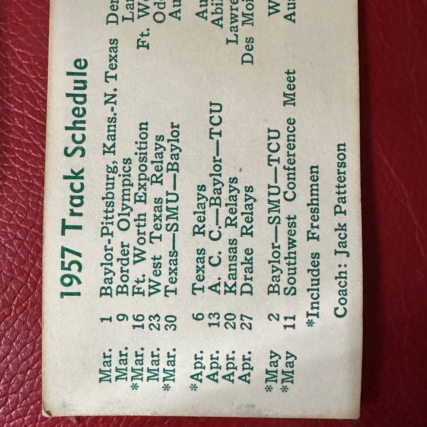 1957 Baylor Baseball & track Schedule card