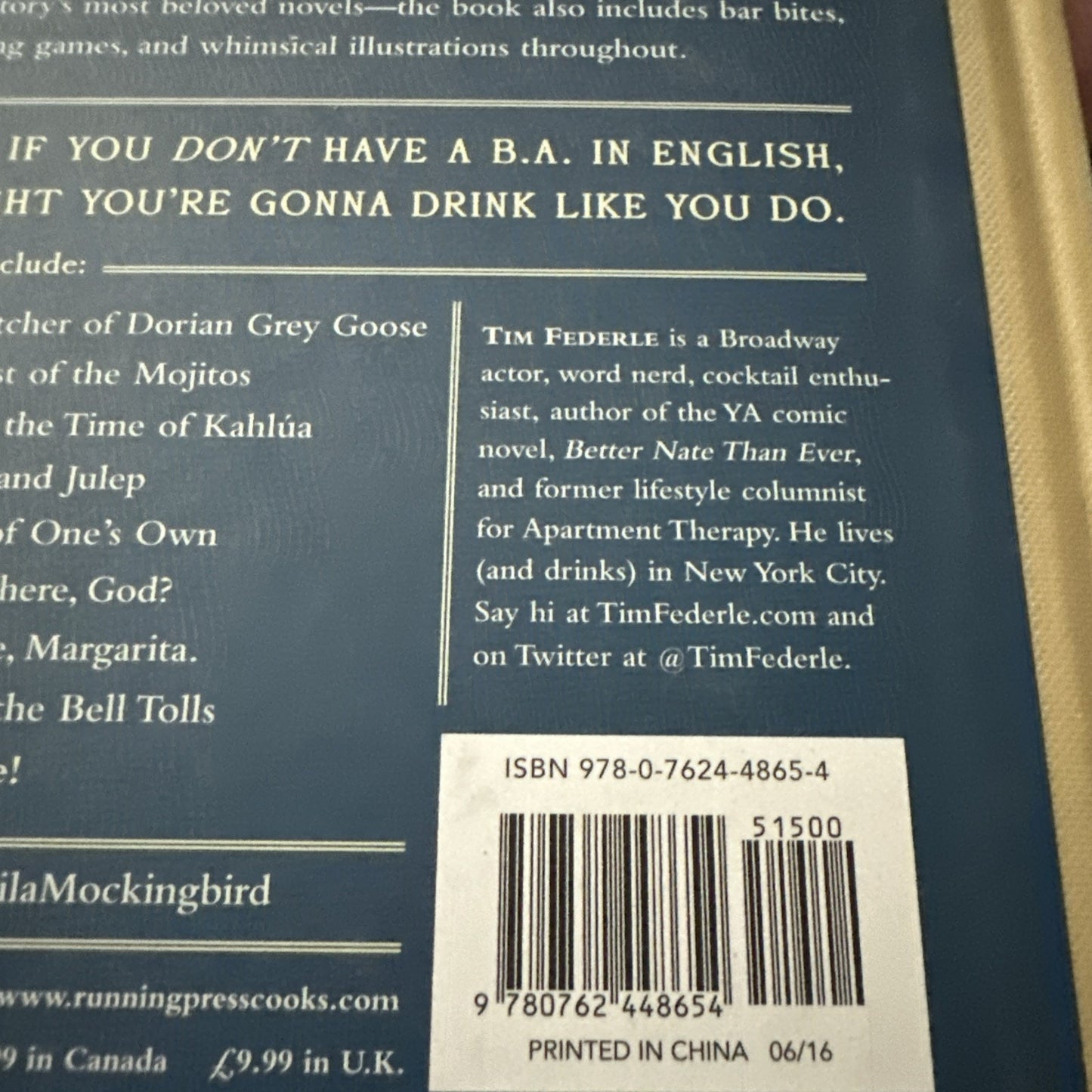 Tequila Mockingbird: Cocktails with a Litera- Tim Federle, hardcover . Excellent