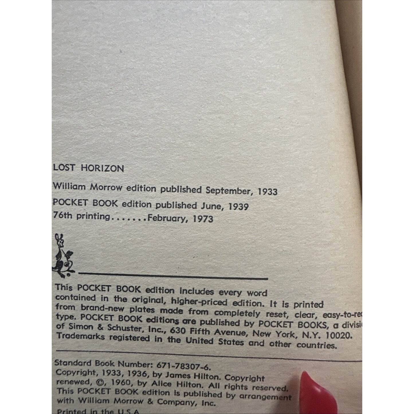 Vtg LOST HORIZON ~ James Hilton ~ 78307 Pocket Book 1973 76th Printing PB
