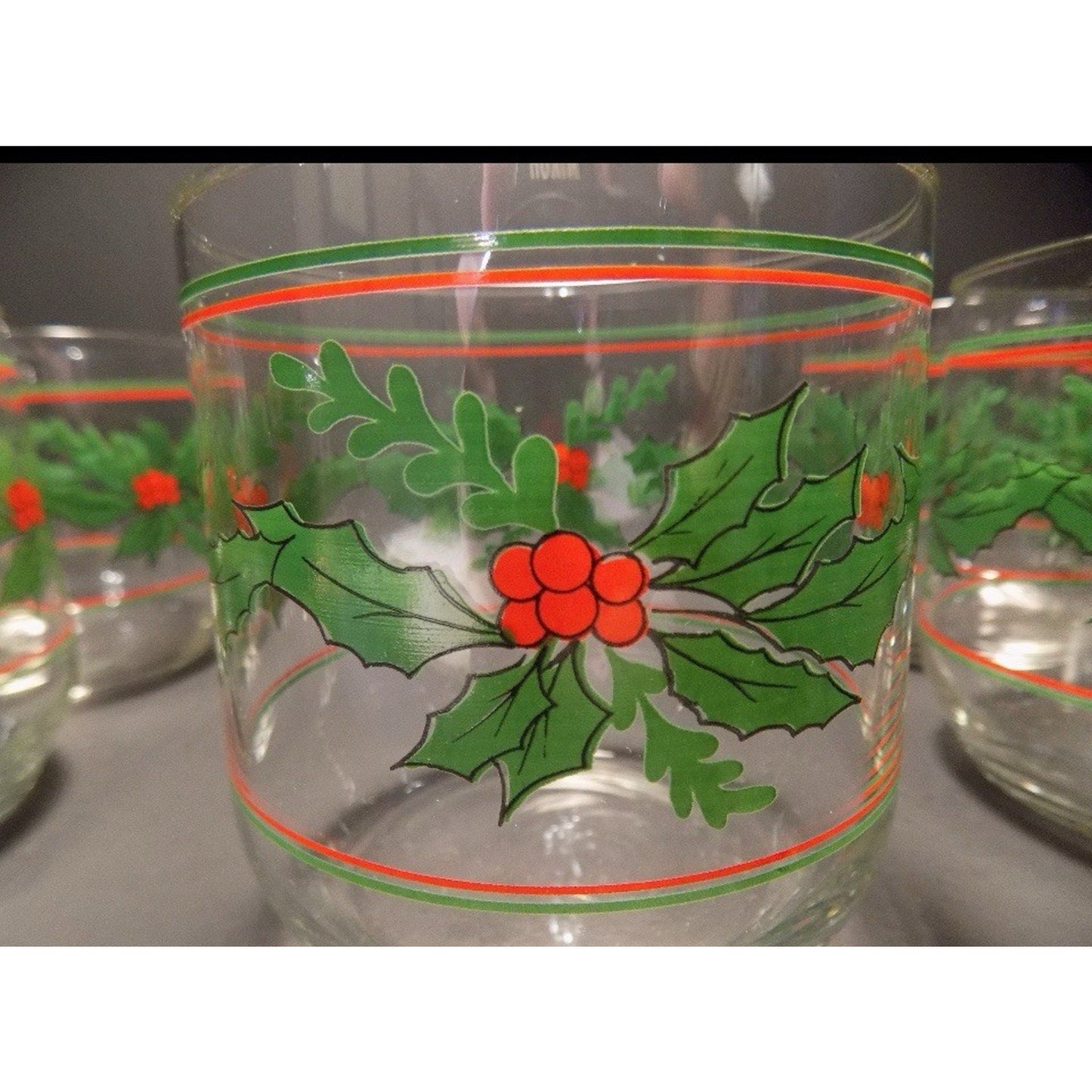Set 4 Vintage 3.5" Christmas Holiday Holly Berry & Bows Low Ball Juice Glasses