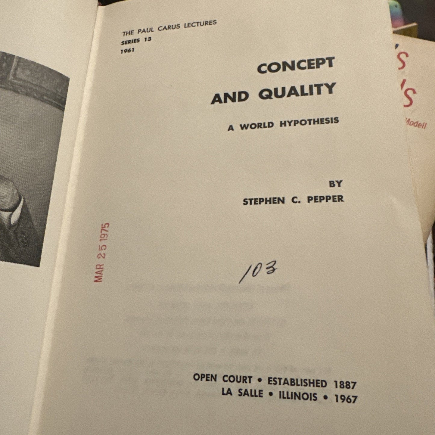 Concept and Quality (The Paul Carus Lectures, Series 13) by Stephen Pepper HCDJ