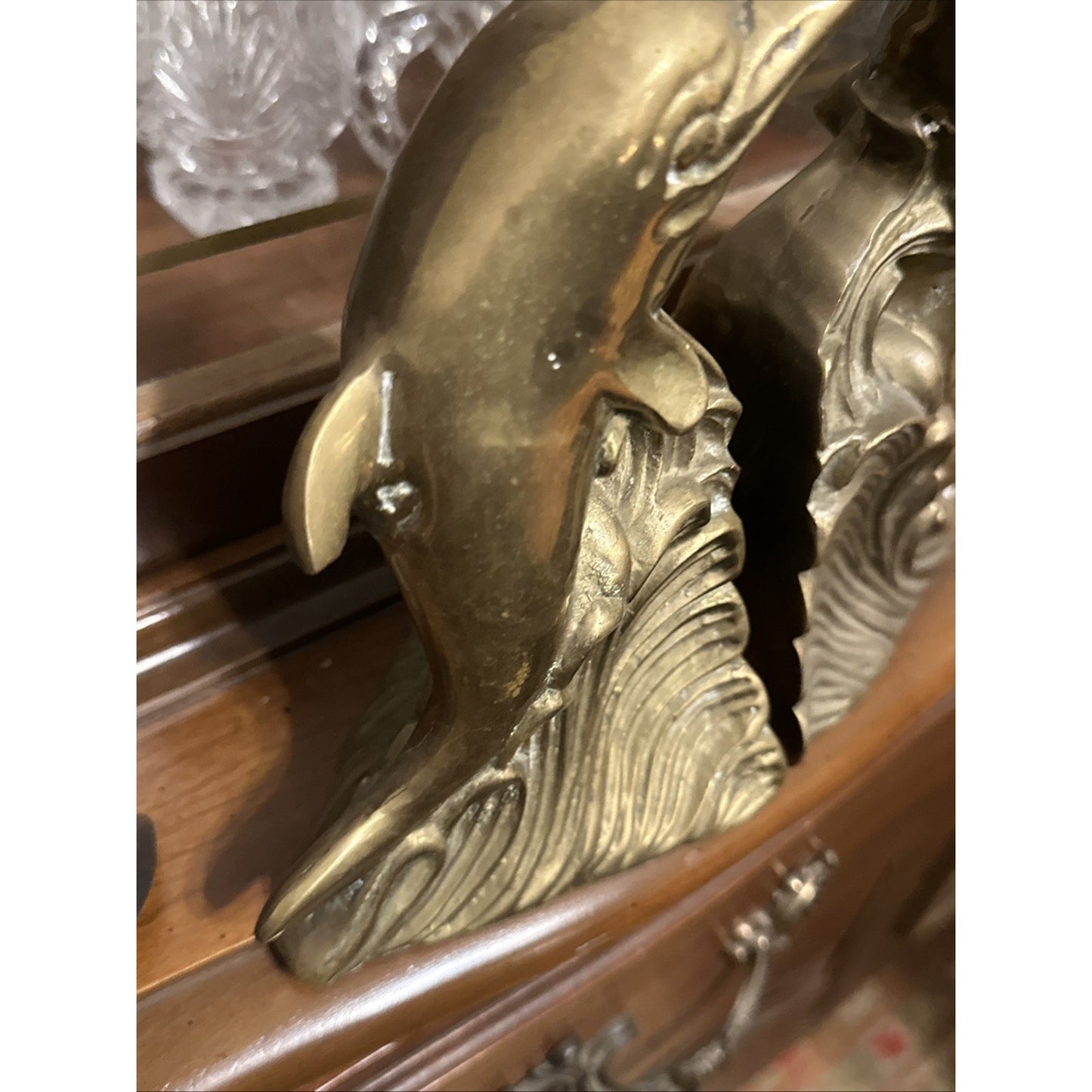 Vintage 70s Brass Dolphin on Wave Bookends Doorstop Beachy Coastal Nautical Sea