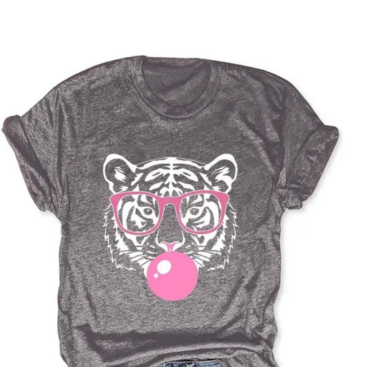 Tiger wearing Glasses blowing a bubble Shirt