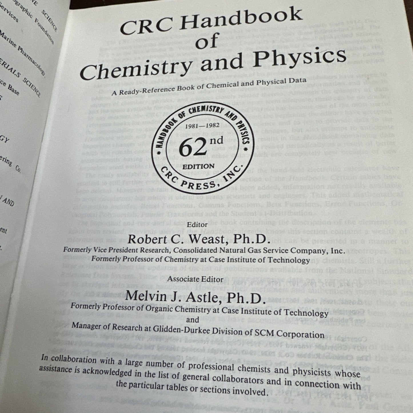 CRC Handbook of Chemistry and Physics 62nd Edition 1981-1982