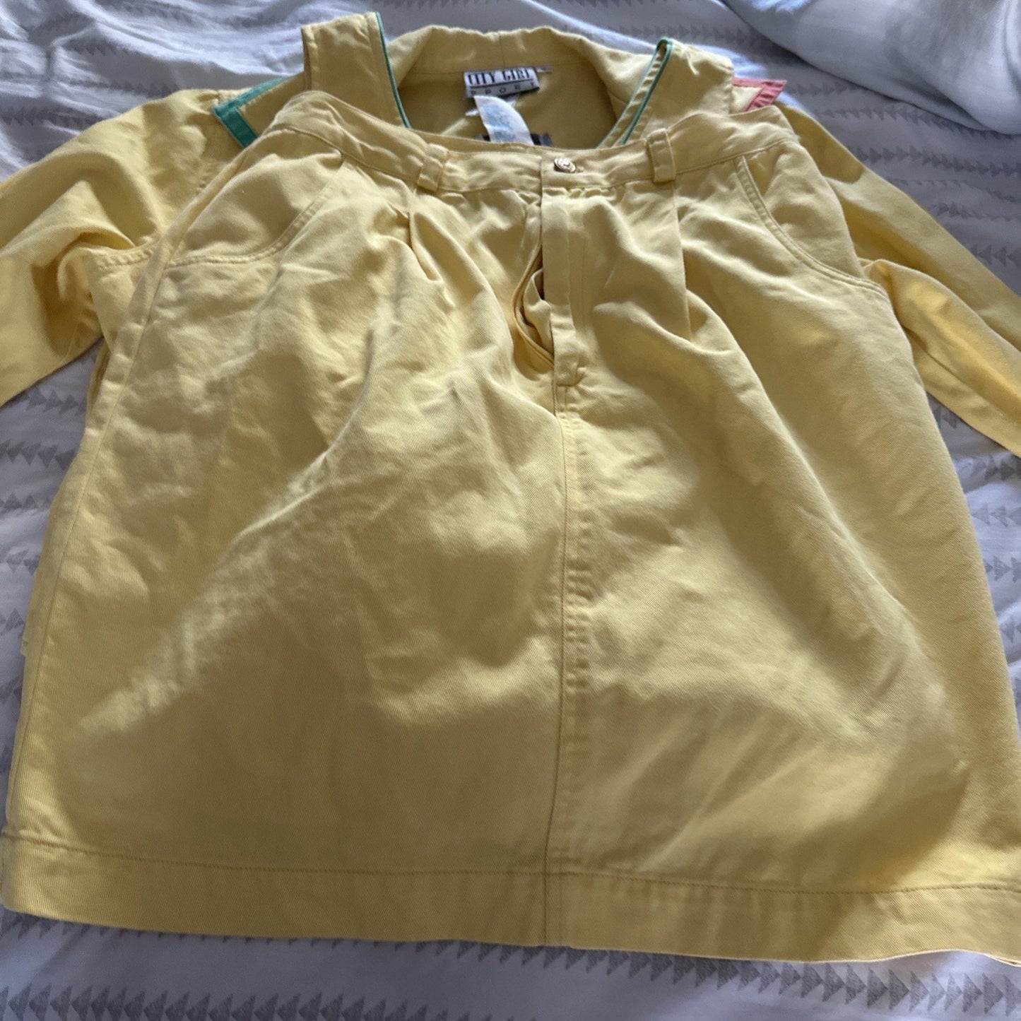 Vintage 3 Piece 80s City Girl Sport Yellow Embroidered Jacket, Skirt, Top Sz 8