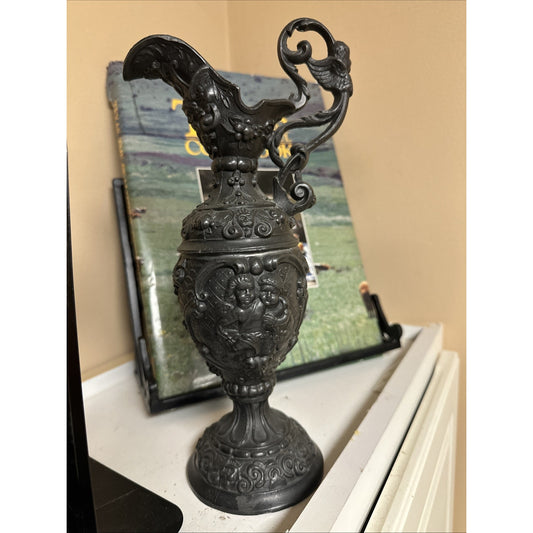 Vintage Metal Repousse French Victorian Cherub Pitcher Ewer Urn Decor