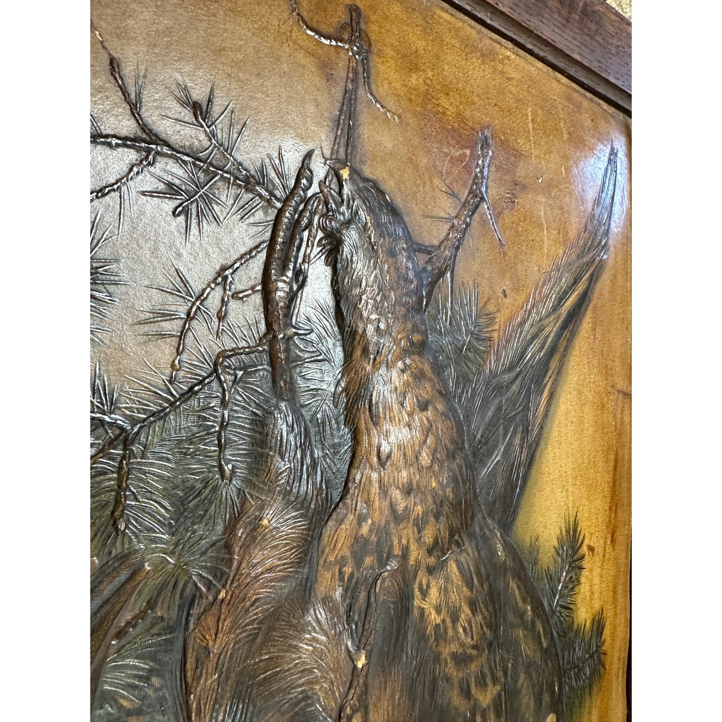 Antique 19thc Hunting trophy partridge bird pheasant relief hand paint panel