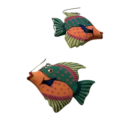 Vintage Hand Painted Wooden Fish Dangle Hook Earrings 2 Inches & Scarf Ring