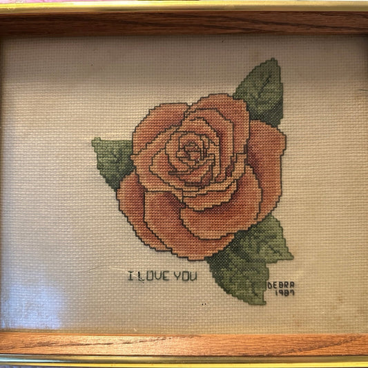 Vintage Cross Stitch Needlespoint 9x11 Rose I love you - Debra 1987