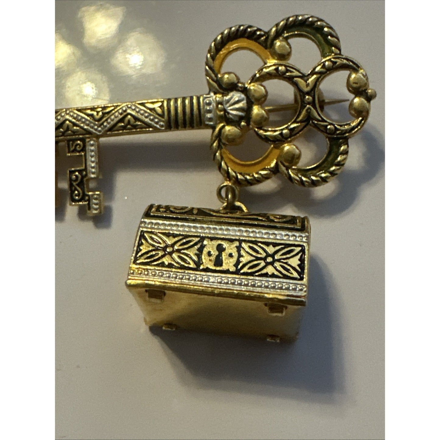 Vintage 2" Damascene Gold Tone Key Treasure Box on Chain Brooch Pin Made Spain