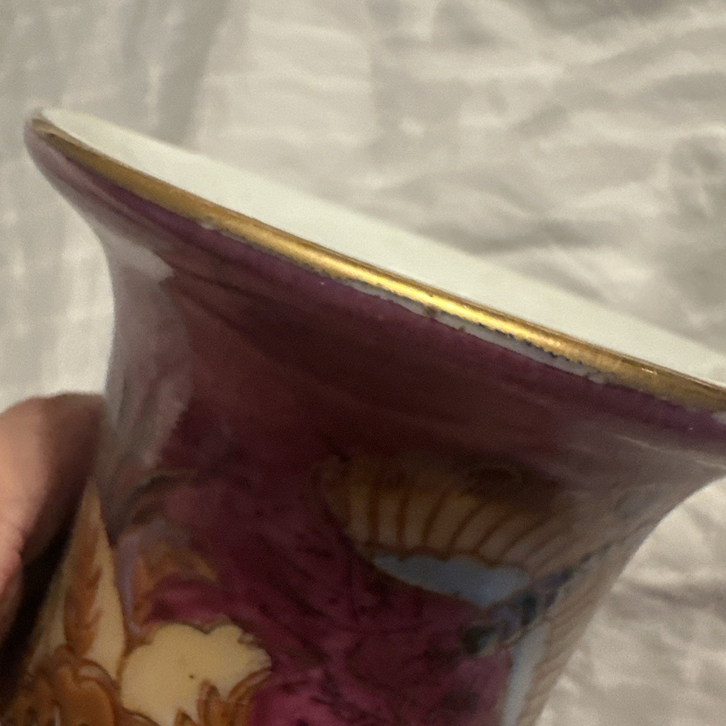 Vintage WBI Chinese Vase Porcelain Floral Design Blue Pink 12” Tall Gold Outline