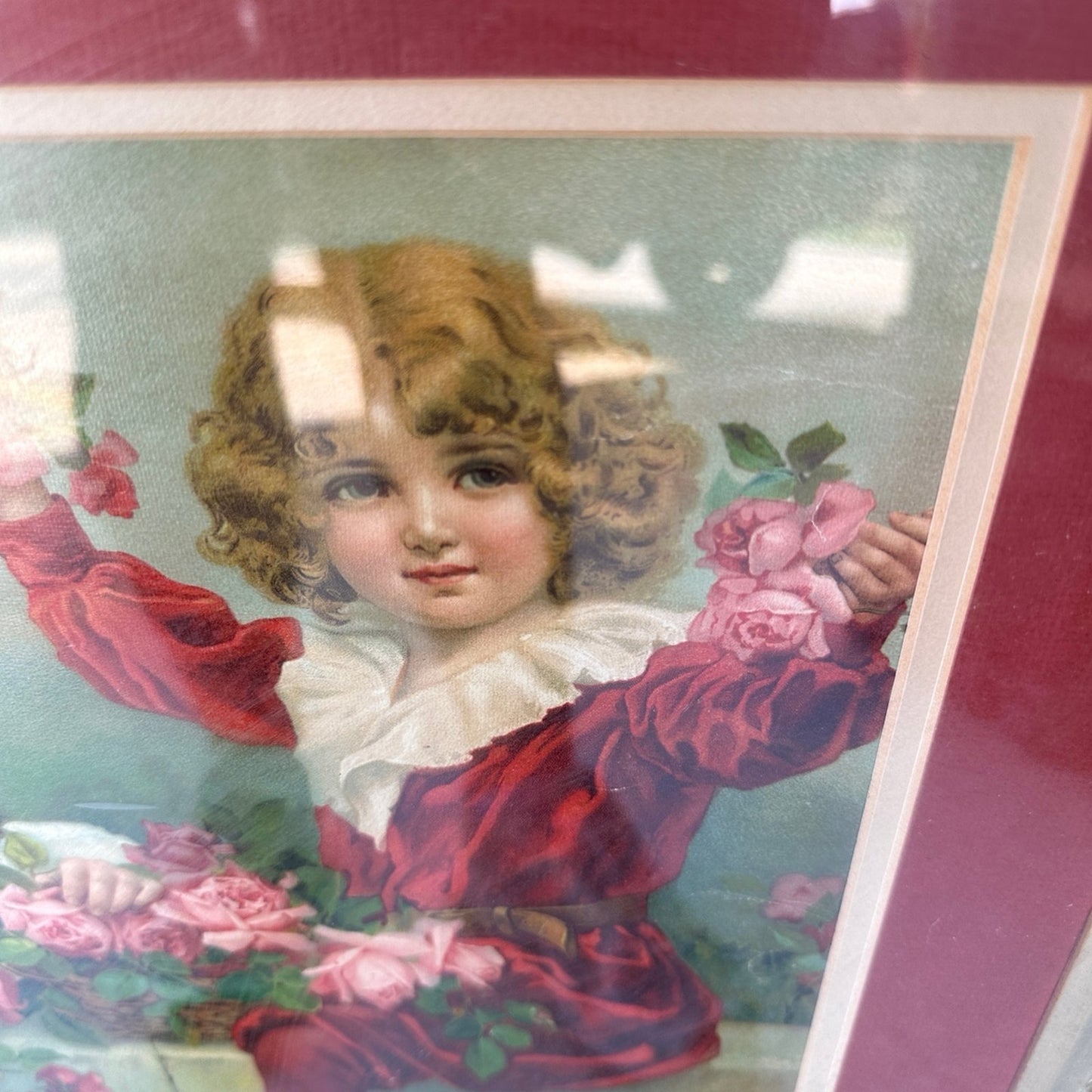 Framed Victorian Lithograph Print Picture "Wall Of Roses"