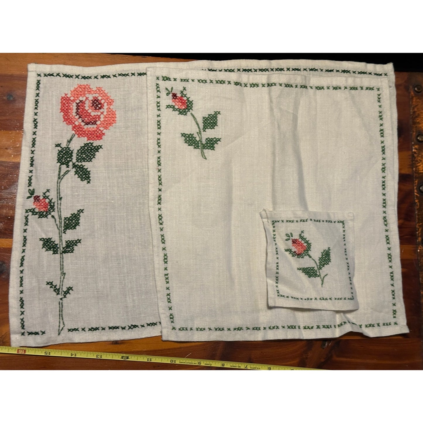 Vintage Rose  linen set, placemats,  napkins, coasters, embroidered linen