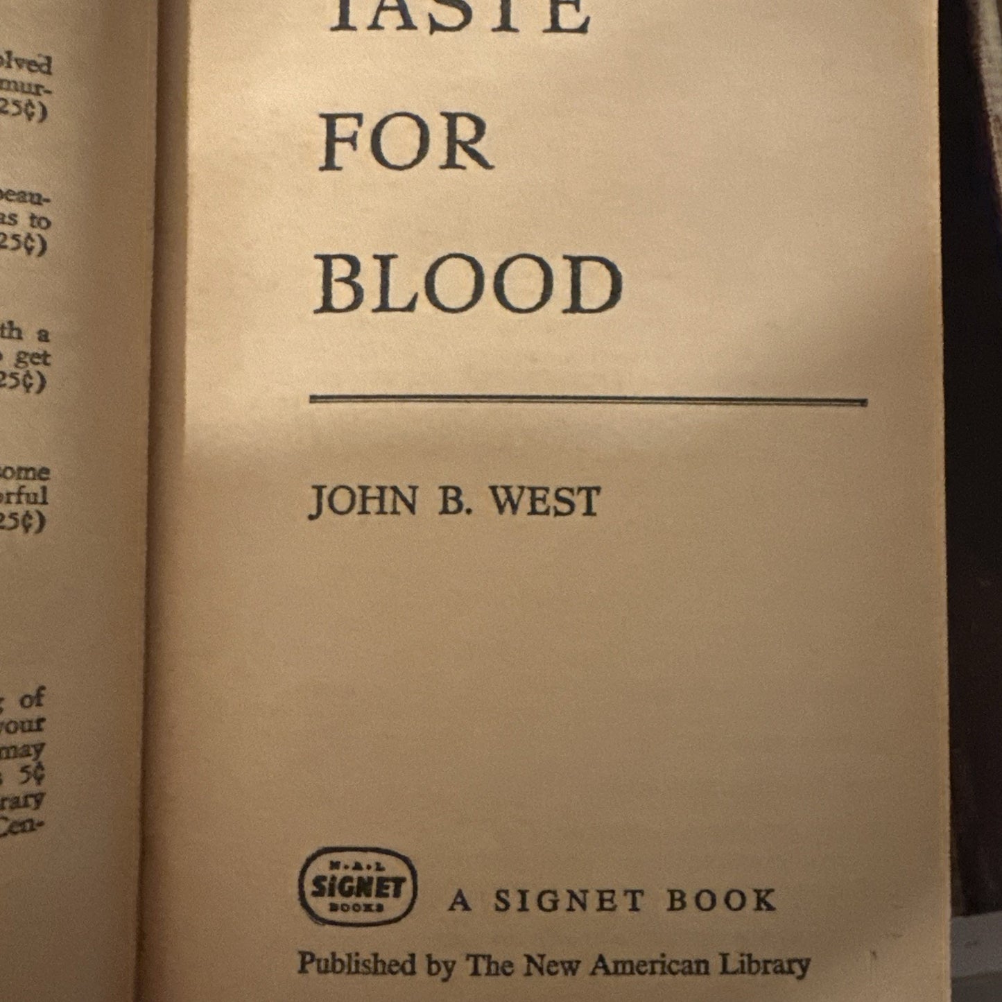A Taste for Blood by John B. West 1960 Signet Paperback S1800