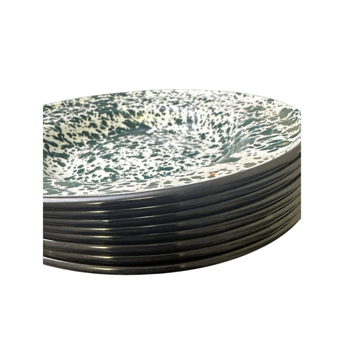 32 CGS International Fine Enamel ware Green & White Splatter Plates Bowls Cups