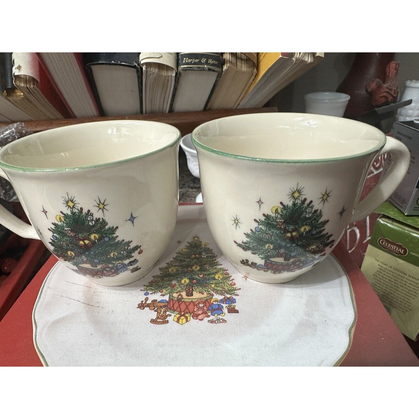 Happy Holidays Tea Cup and Saucer Christmas Tree Nikko White Japan Set of 2