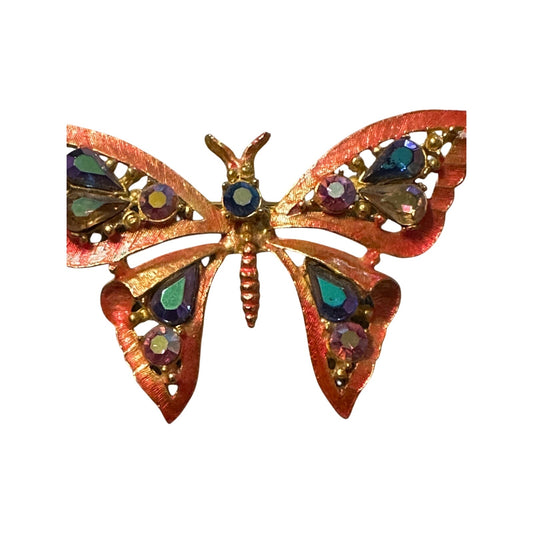 Vintage Metallic Gold Tone Butterfly with Aurora Borealis Rhinestones Brooch Pin