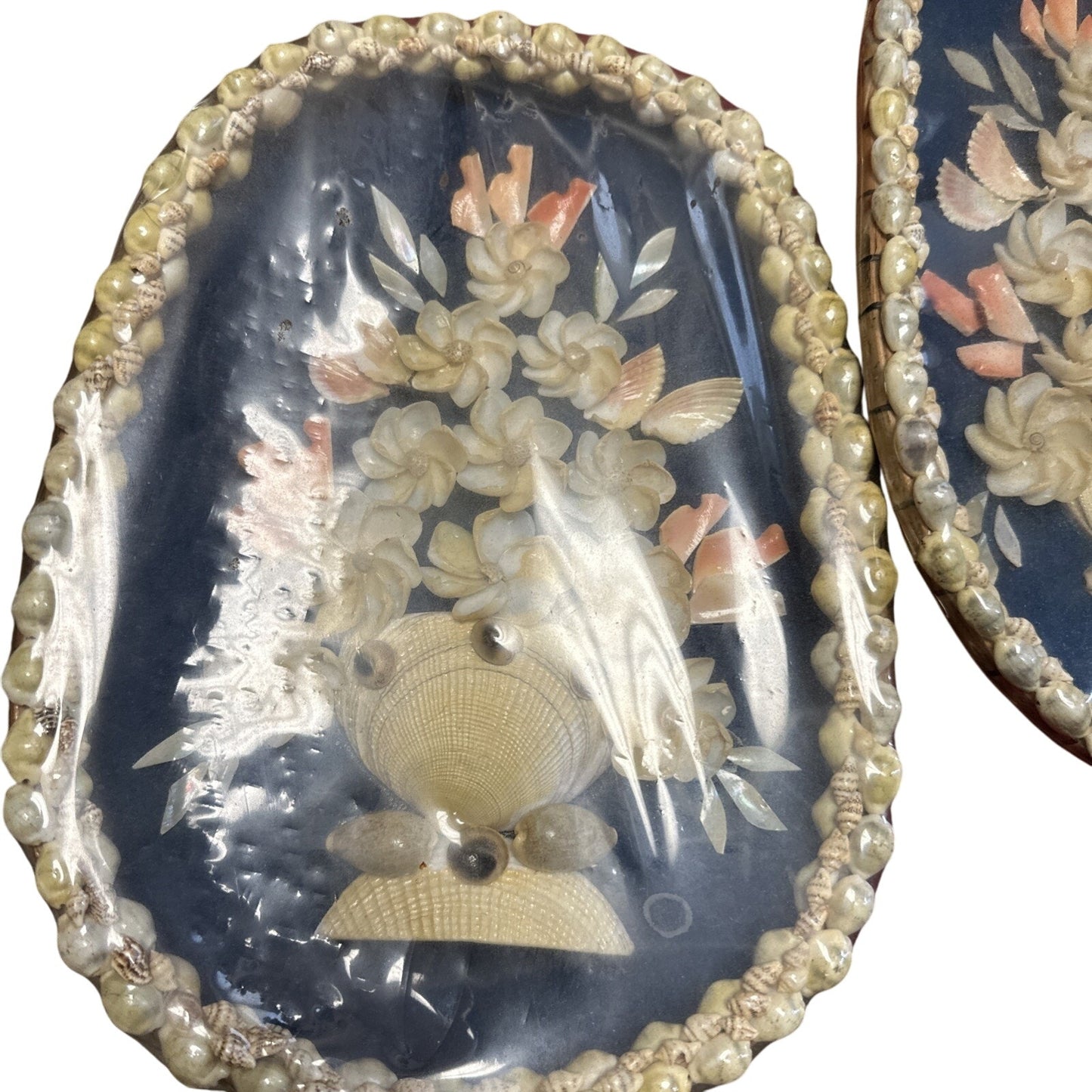 Pair Of Vintage Seashell Floral Wall Hanging Basket Folk Art Tramp Art